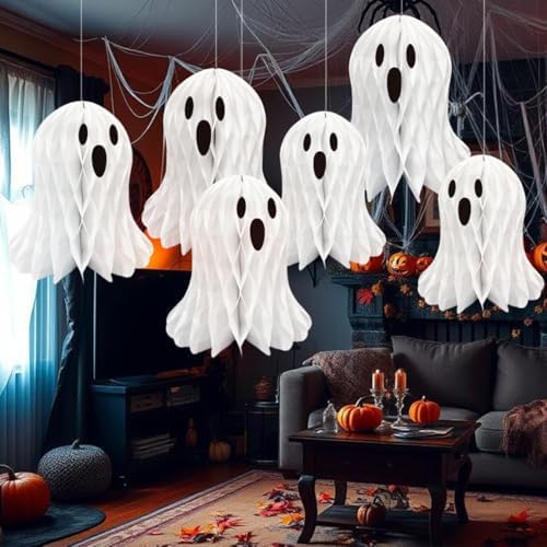 Halloween Ghost Honeycomb Hanging Decorations 6 Pcs White Table Centerpiece Paper Hanging Ornaments Halloween Party Window Spooky Haunted House Desk Decor