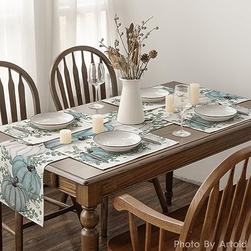 Artoid Mode Pumpkins Eucalyptus Leaves Fall Placemats Set of 6, 12x18 Inch Autumn Thanksgiving Holiday Table Mats for Party Kitchen Dining Decoration