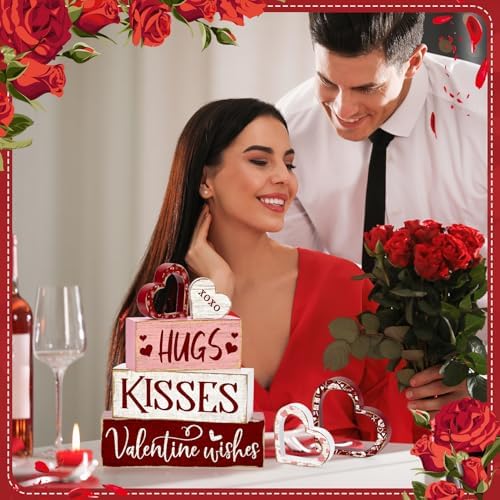 Britimes Tiered Tray Decor Set, 4 Pack, Wooden Table Sign, Red Valentine