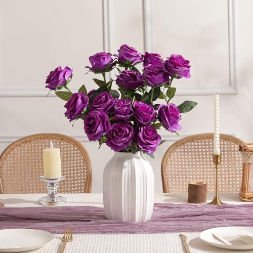 Nubry Artificial Silk Roses, 10Pcs Lifelike Fake Rose Bouquet, Purple Faux Flowers for Home Office Decor, Table Centerpiece, Wedding, Birthday Gift & Anniversary