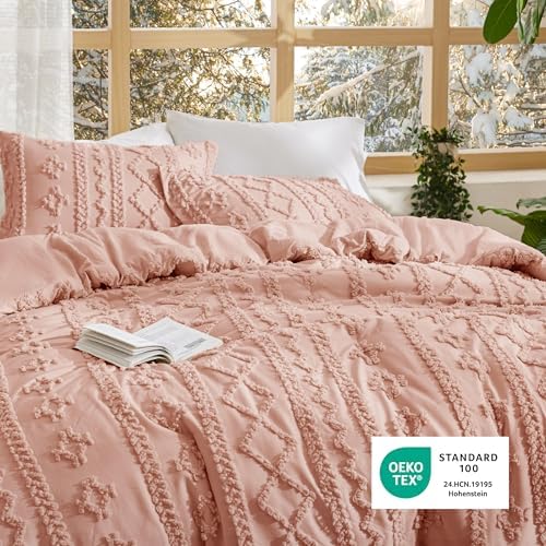 Bedsure Tufted Boho Comforter Set Queen Size - Light Pink Boho Bed Set, GentleSoft™ 3 Pieces Farmhouse-Style Embroidery