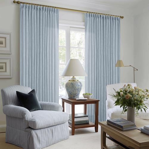 TWODRAPES Blue Grey 90 Inch Linen Curtains Pinch Pleated for Living Room