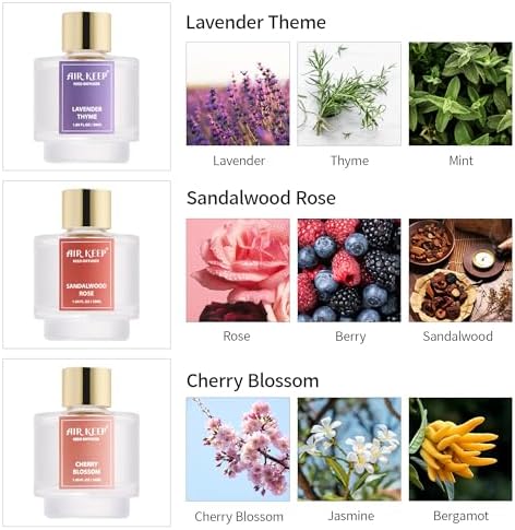 Airkeep Reed Diffuser Set of 3, Lavender Thyme Sandalwood Rose Cherry Blossom Oil Reed Diffusers for Bedroom Living