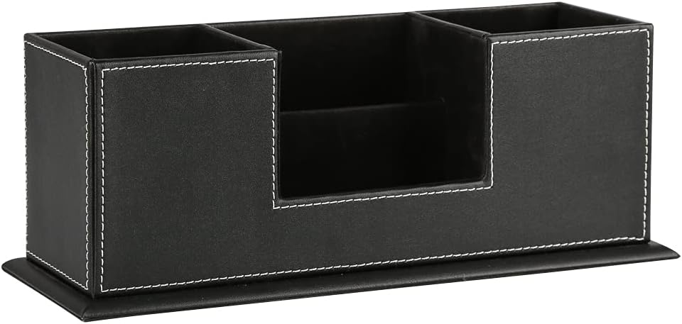 KINGFOM™ Double Holder Leather Multi-Function Desk Stationery Organizer Pen Pencil Holder Black