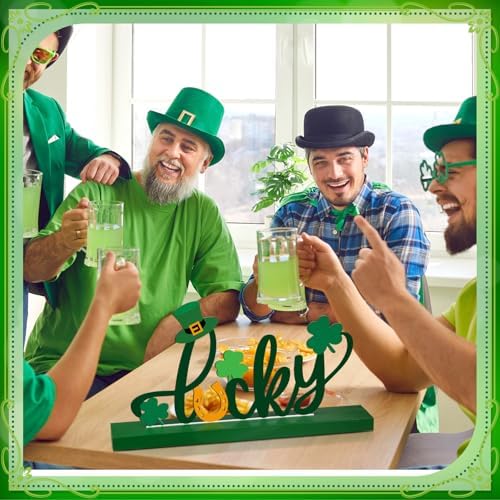 Cinnvoice St. Patrick's Day Table Sign Decoration Lucky Metal Tabletop Centerpiece Signs Letter Wood Centerpiece with Clover for St Patrick's Day Tiered Tray Decorations for Irish