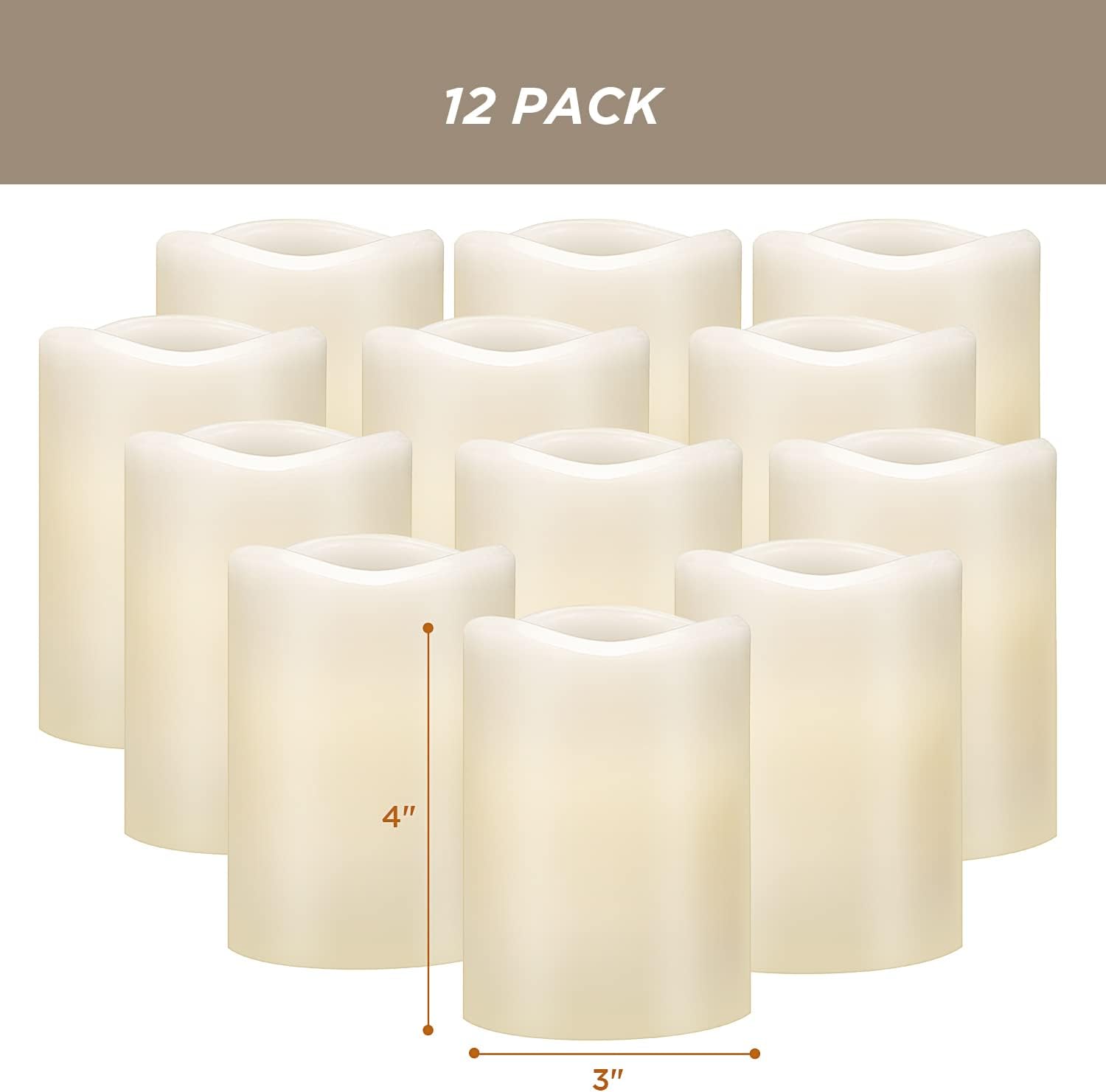 Hausware Flameless Candles Battery Operated Candles Set of 12 (D: 3" x H: 4") Real Wax Pillar Flickering Candles LED