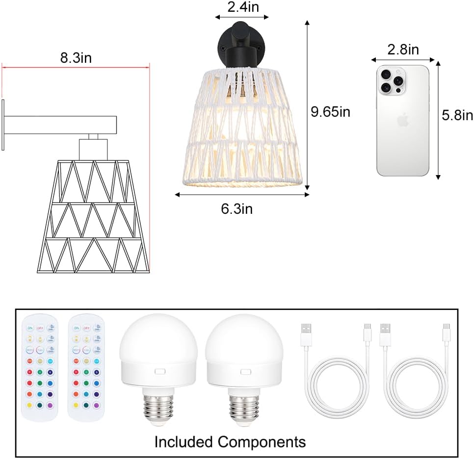 Boho Battery Operated Wall Sconce Set of 2, White Rattan Rechargeable Wall Lights with Dimmable Bulbs and Remote,15