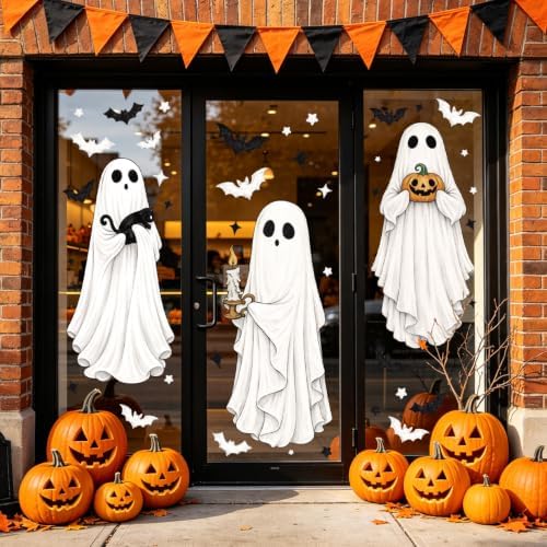 CCINEE 3 Sheets Halloween Ghosts Window Clings, Extra Large Spooky Bats Black Cat Pumpkin Window Stickers Ghost Mirror Decals for Home School Office Glass Halloween Party Indoor Outdoor Decorations