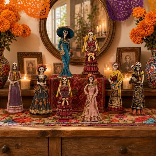 Simgoing 8 Pcs Day of The Dead Figurine Catrina Statue Altar Decoration