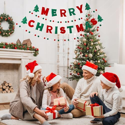 Mindsoft 4 Pcs Felt Merry Christmas Banner Pom Pom Garland for Mantel