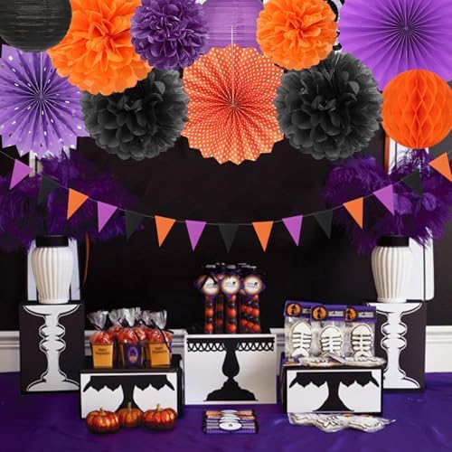 Black Orange Purple Halloween Party-Decorations - 20pcs Paper Lanterns Fans,Tissue Pom Poms,Honeycomb Balls, Birthday Baby Bridal Shower Graduation Wedding Hotel Transylvania Decor Burgleda