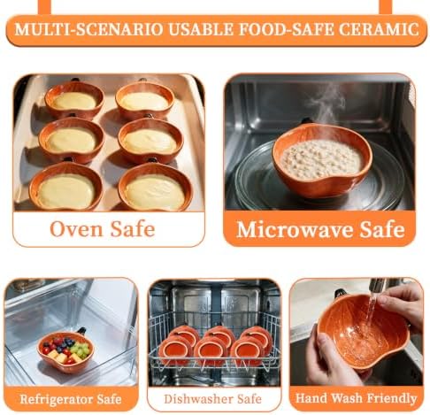Orange Pumpkin Bowls,Set of 6, 6 oz Pumpkin Shaped Bowl Ceramic Ramekins