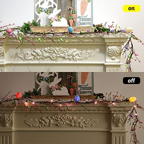 FOIMAS 6ft Lighted Easter Garland,Artificial Egg Hanging Garland with Lights Pip Berries for Easter Spring Party Fireplace Mantle Decoration Supply