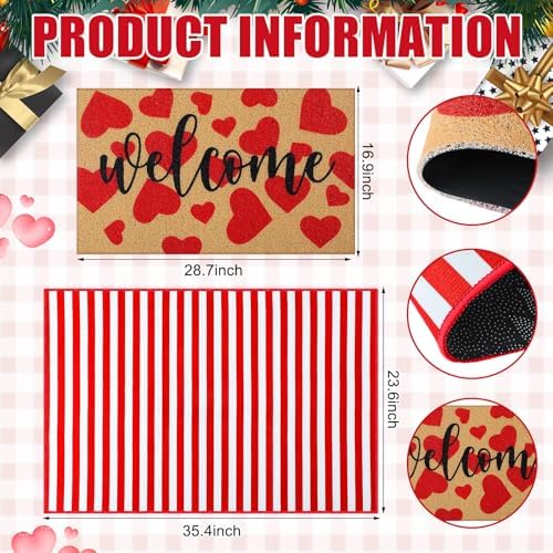 Tinideya 2 Pcs Valentine's Day Door Mat Outdoor Layered Heart Welcome Mat