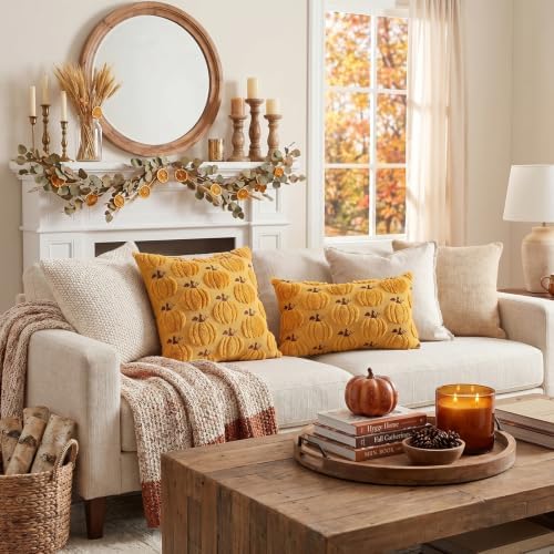 Artscope Fall Pumpkin Throw Pillow Covers 12x20 Set of 2, Autumn Soft Plush Faux Fur Decoration Cushion Covers for Thanksgiving Holiday Couch Sofa Bedroom Home Decor-Mustard Yellow