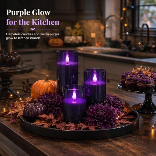 Homemory Dark Gray Flameless Candles, Purple Glow, Remote Timer, Set of 3