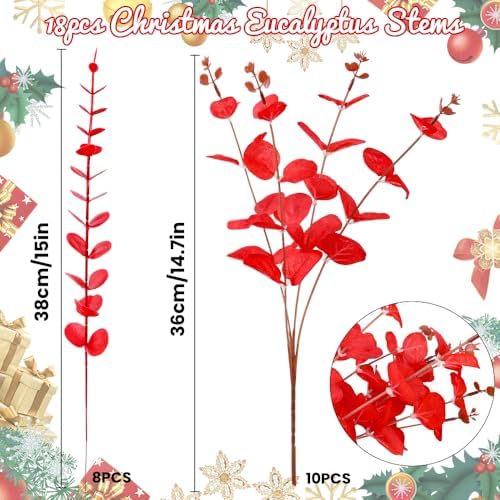 DIYDEC 18Pcs Christmas Artificial Flowers 2 Styles Red Xmas Eucalyptus Stems for Table Centerpieces Faux Eucalyptus Leaves Branches for Christmas Tree Home Party Decoration
