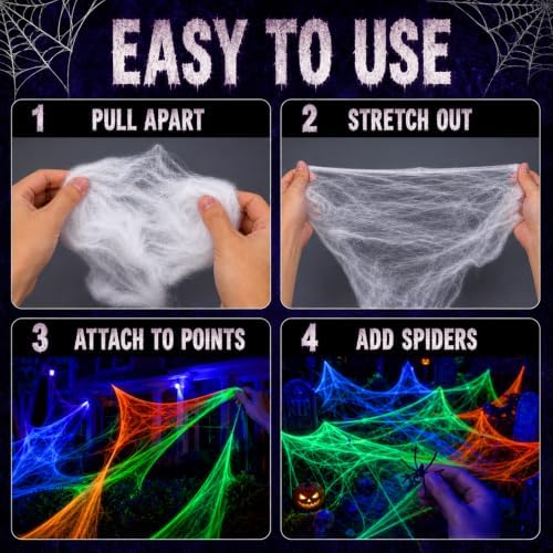 Mega-L Halloween Glow Spider Webs 3 Colors 300g with 30 Small Spiders