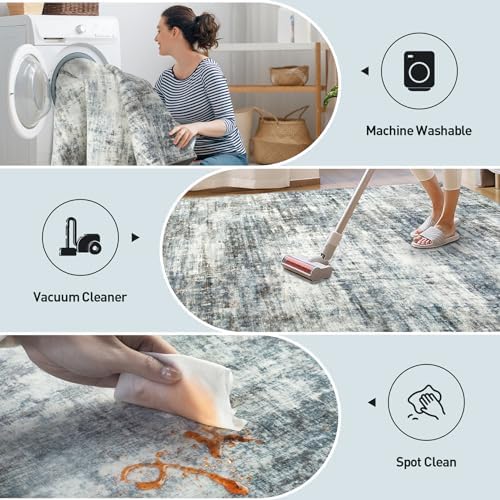 5x7 Area Rugs for Living Room: Washable Abstract Blue Multi Badroom Carpet