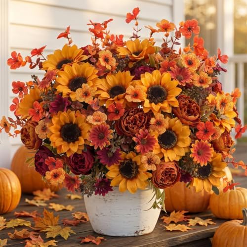 Mixed 10 Pcs Fall Artificial Sunflower Peony Bouquet, Yellow Burgundy Silk Faux Flower, Autumn Faux Floral Arrangements for Wedding Table Thanksgiving Porch Planters Garden Patio Outdoors Decor