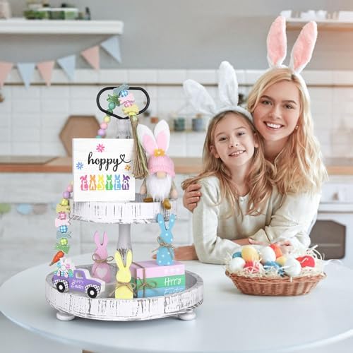 8PCS Easter Tiered Tray Decor, Spring Home Decor Set for Table,Wood with Bunny, Gnome, Truck, Happy Easter Sign & Accessories, Farmhouse Fireplace Mantle Decor, Home Kitchen Decorations Easter Gift Idea