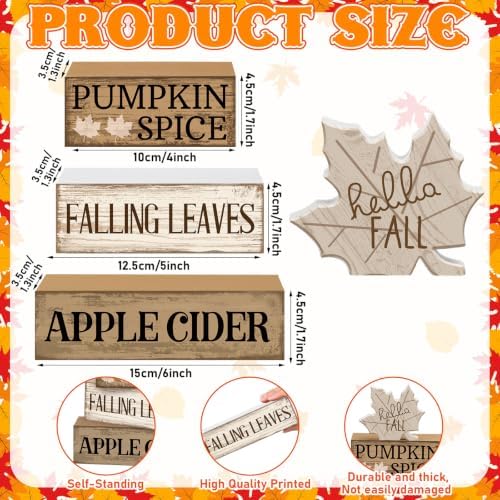 Moucuny 4 Pcs Neutral Fall Table Decor for Home Maple Leaf Wooden Blocks