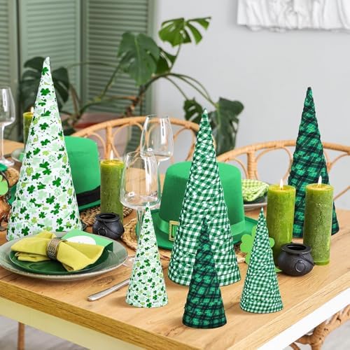 6 Pcs 12" 10" 6" St. Patrick's Day Cone Tree Centerpiece Decoration Lucky Irish Shamrock Tabletop Sign Green Shamrock Tiered Tray Table Decor for Saint Patrick Party Fireplace Home Ornament
