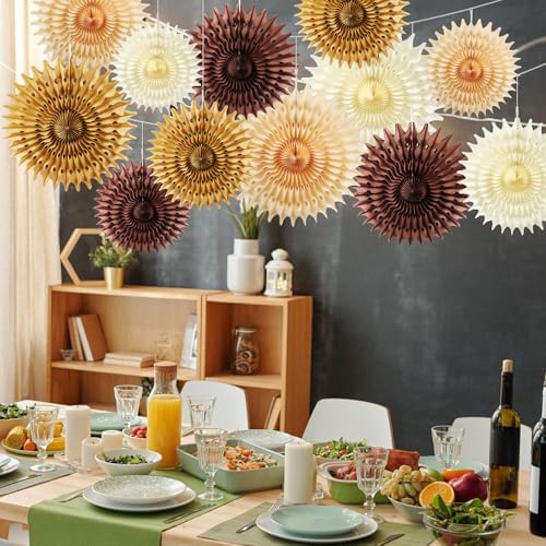 12PCS Paper Fans Brown Neutral Boho Party Decorations Tissue Paper Flowers Decorations for Girl Groovy Birthday Baby Shower Wedding Bachelorette Room Wall Hanging Décor