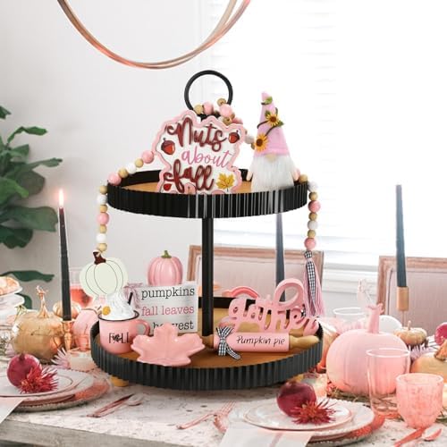Fall Decorations for Home, 8Pcs Farmhouse Pink Fall Tiered Tray Decor Set