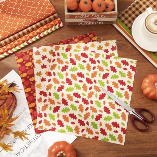 JarThenaAMCS 40Pcs Fall Cotton Fabric Bundles 10 x 10 Inch Maple Leaf Pumpkin Dot Plaid Stripe Fabric Squares Autumn Thanksgiving Sewing Fabrics for DIY Craft Party Decor