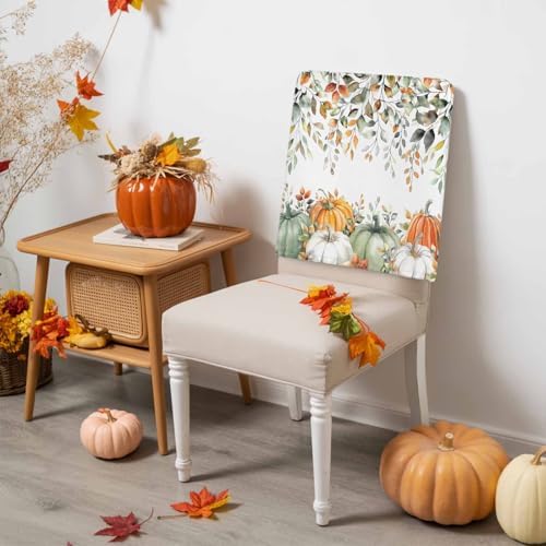 Fall Chair Covers Set of 8 Sage Green Pumpkin Chair Slipcover Protector Removable Stretch Chair Covers Autumn Eucalyptus Leaves Thanksgiving Chair Back Covers for Dining Chairs Kitchen Holiday Party