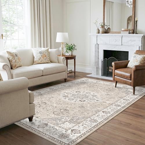 Washable 5x8 Living Room Area Rug: Vintage Water-Resistant Soft Rug for Bedroom Dining Room Non Slip Apartment Low Pile