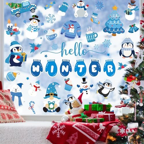Whaline 9 Sheets Hello Winter Window Cling Stickers Blue Cartoon Penguin Snowman Bear Reusable Window Decals for Christmas Xmas Party Home Office Classroom Decoration