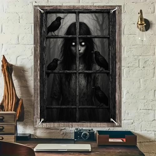 BlissYard Halloween Crow Girl Window Cover 31x47 Inch Polyester Decoration