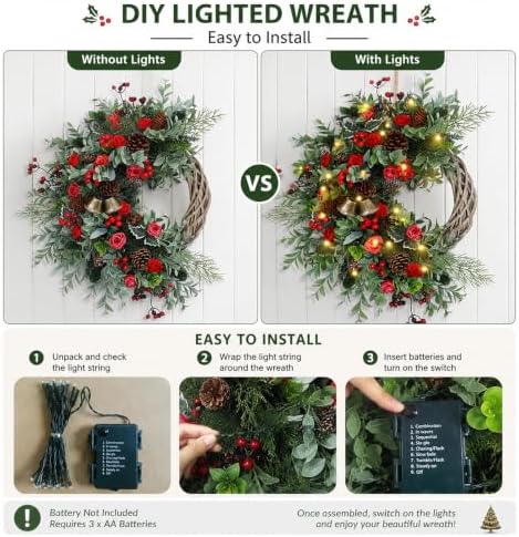 Christmas Wreath for Front Door, Artificial Door Wreaths with LED Lights Bells Berries & Pinecones Christmas Decorations, Xmas Wreaths for Wall Window Fireplace Holiday Home Decor