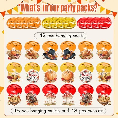 Thanksgiving Hanging Swirls, 48Pcs Thanksgiving Ceiling Hanging Decorations Turkey Pumpkin Swirls Streamers for Indoor Outdoor Party Supplies