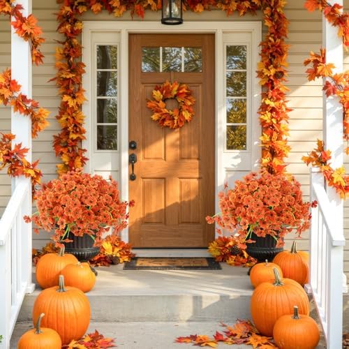 12 Bundles Artificial Mums for Outdoors Decor, UV Resistant Fall Flowers