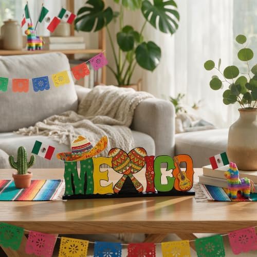 Smile Mexican Independence Day Wooden Standing Decor Sombrero Maracas Guitar Tiered Tray Tabletop Signs with Stands for Home and Party Decor