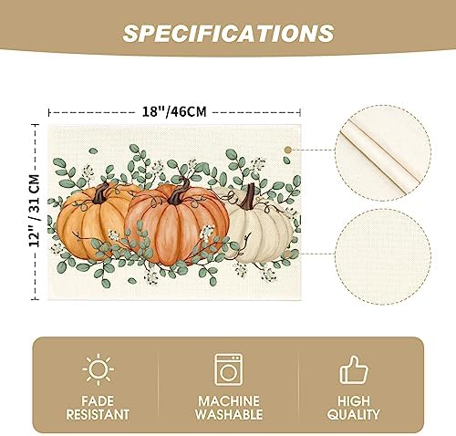 Artoid Mode Orange Pumpkins Eucalyptus Leaves Fall Placemats Set of 4, 12x18 Inch Autumn Thanksgiving Holiday Table Mats for Party Kitchen Dining Decor