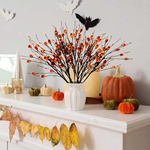 8 Pcs 20 Inch Halloween Candy Corn Artificial Stems Berry Spray with Fake Candies for Halloween Party Spooky Decoration, Faux Twigs and Branches for Vases Arrangement for Fall Season