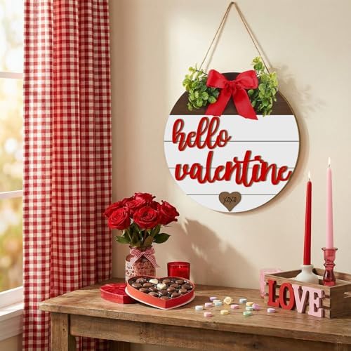 Boao Hello Valentine's Day Wooden Hanging Sign Farmhouse Door Decor