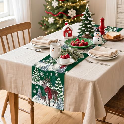 Artscope Reindeer Snowman Christmas Tree Table Runner, Xmas Winter Snowflakes Holiday Kitchen Dining Table Decoration for Christmas Home Party Decor 13x120 Inch-Green