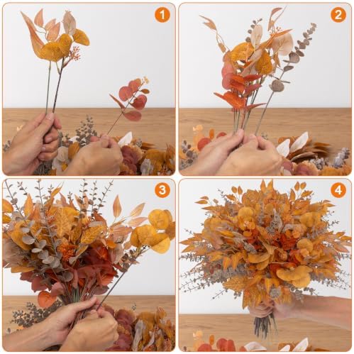 lovemoon 260 Pcs Fall Mixed Greenery Artificial Eucalyptus Stems, Orange
