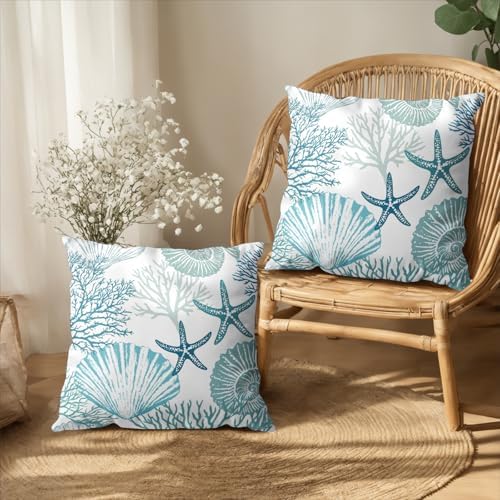 Nautical Coastal Blue Throw Pillow Covers 20x20 Set of 2 Summer Turquoise Teal Beach Outdoor Pillow Cover Coral Seashell Starfish Ocean Decorative Pillow Cases for Living Room Couch Sofa