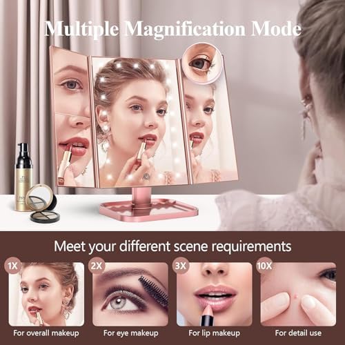 HUONUL 2X/3X/10X Magnifying Vanity Mirror with Light, Trifold Makeup Mirror