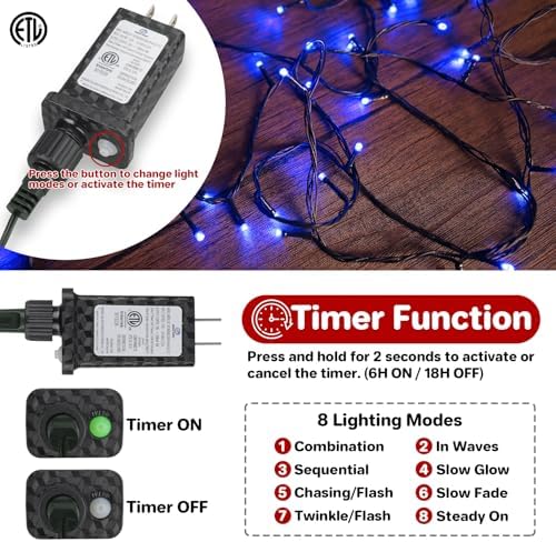 FairyGlim Christmas String Lights Plug in,33FT 100 LED String Lights with 8 Modes & Timer, Xmas Decorations for Trees Wreath, Outdoor Indoor Yard Garden Party Decor, Blue