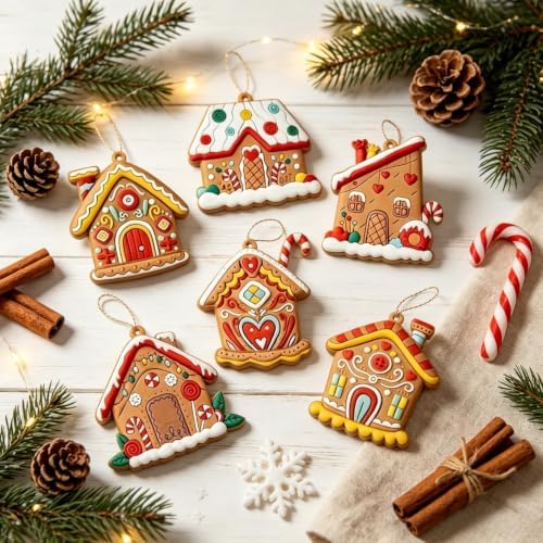 6Pcs Gingerbread House Ornament, Christmas Tree Ornament Rustic Farmhouse Gingerbread House Decor House Pendants for Holiday Party Favor