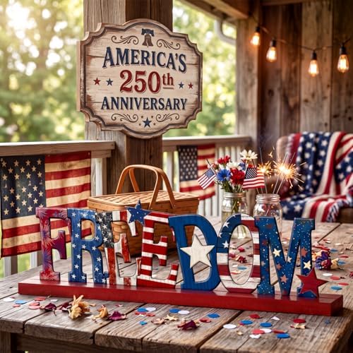 Cinnvoice Memorial Day Table Decoration Patriotic 4th of July Centerpiece Farmhouse Metal Freedom Star Red White and Blue Letter Tiered Tray Decorations with Wooden Base for Holiday Kitchen Home
