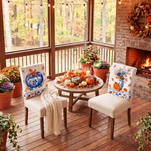 6 Pcs Fall Chair Covers, Blue Vase Pumpkin Slipcovers