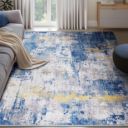 RELEANY Washable 6'x9' Abstract Area Rug for Living Room Blue Gold
